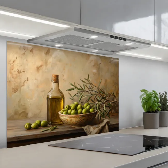 Spritzschutz Küche - Oliven - Stilleben - Vintage