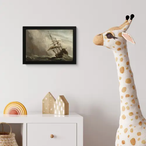 Een schip in volle zee bij vliegende storm - Schilderij van Willem van de Velde fotolijst zwart zonder passe partout klein -usfeer4_kinderkamer