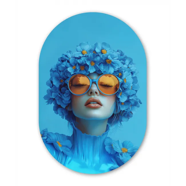 Muurovaal - Vrouw - Bloem - Blauw - Modern - Bril - Portret