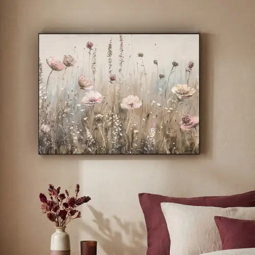Bloemen - Roze - Modern - Beige Textielframe zwart klein -sfeer1
