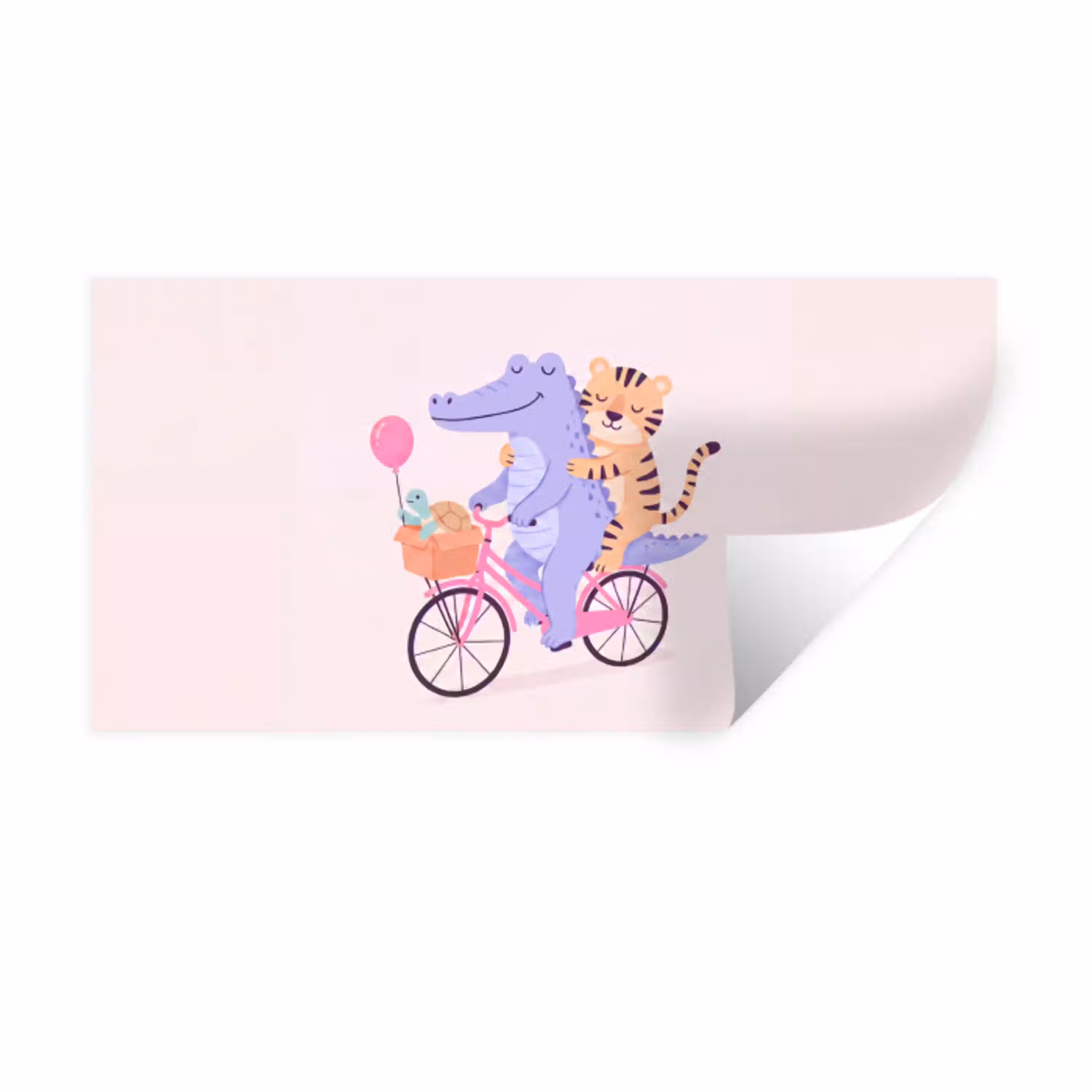 Dieren - Fiets - Vriendschap - Illustratie - Roze Muursticker klein -3d