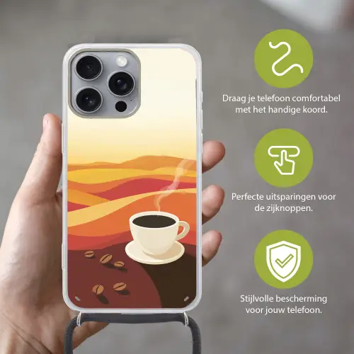 Koffie - Landschap - Oranje - Koffiebonen Hoesje iPhone 16 Pro Max met koord klein -sfeer2_NL