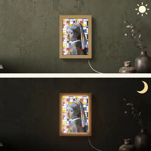 Mondriaan - Meisje met de parel - Collage Light Box met kabel (Wandlamp) klein -sfeer3