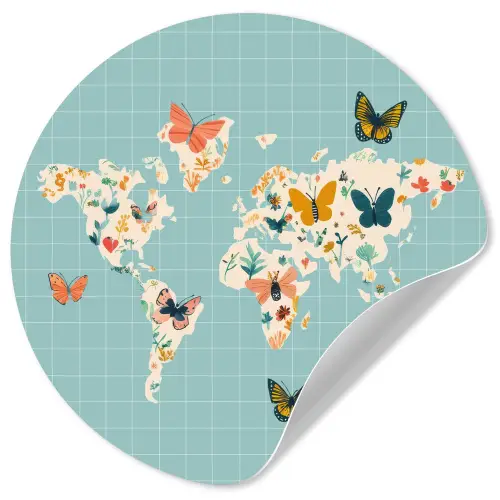 Wereldkaart - Vlinders - Dromerig Wandcirkel behangsticker klein -3d