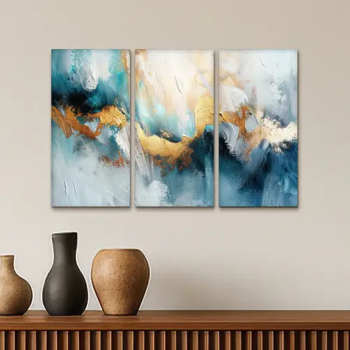 Blauw - Abstract - Wit - Goud - Verf Canvas - Meerluiken 3 luik klein -sfeer3