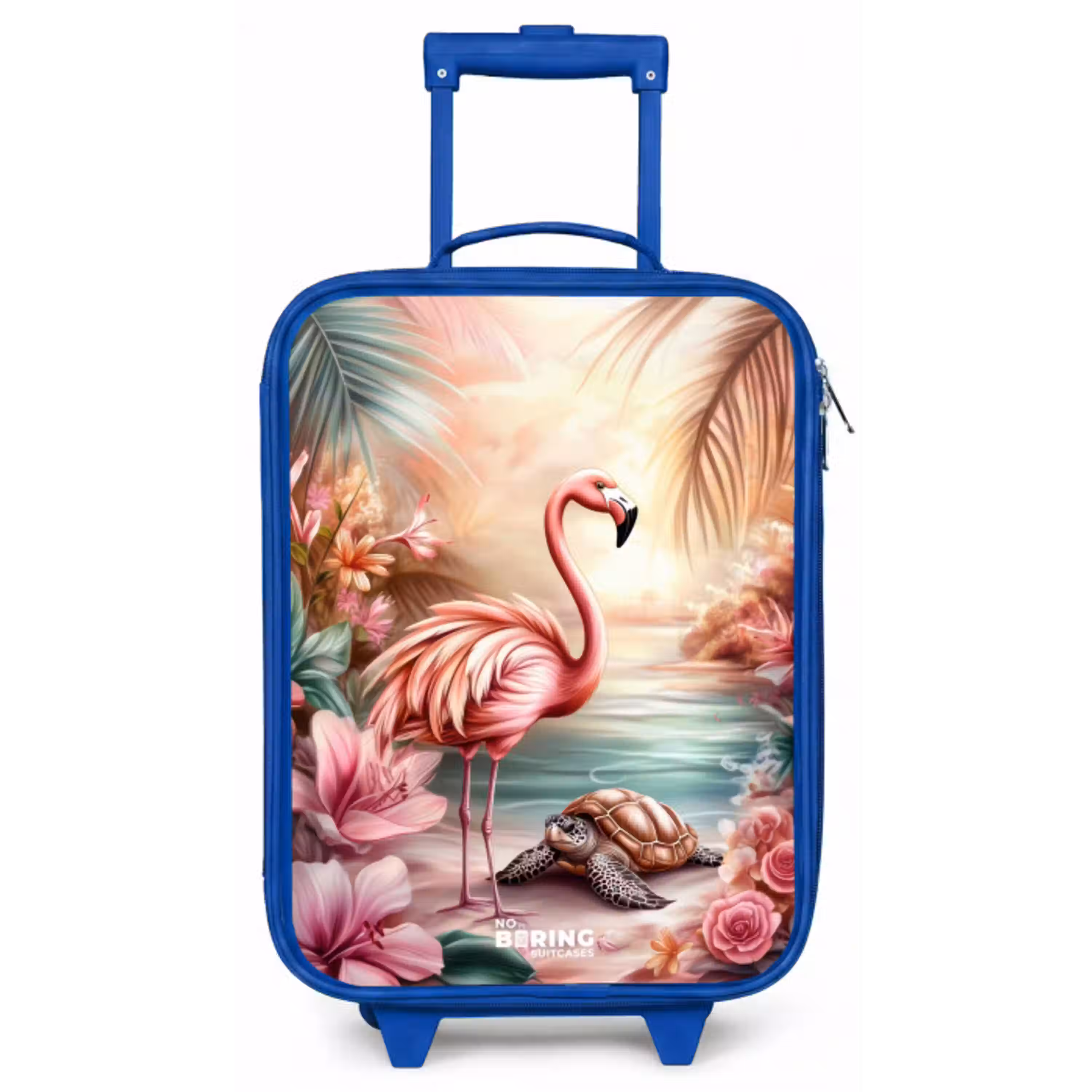 Flamingo en schildpad op een roze strand. Kinderkoffer - Blauw klein -zz3dotto