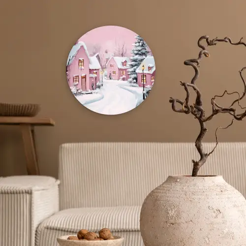 Kerstdorp - Roze - Winter - Sneeuw - Huizen Wandcirkel kunststof plaat 5mm dik klein -sfeer1