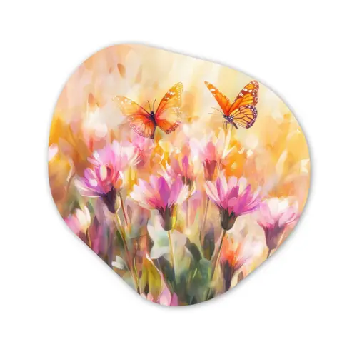 Vlinders - Oranje - Bloemen Wandcirkel Organisch Plexiglas middel -3d
