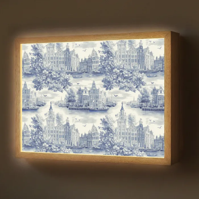 Huizen - Bomen - Water - Vogels - Blauw Light Box met batterij (Wandlamp) middel 907 -z3d_website
