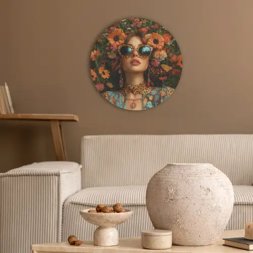 Vrouwen - Bloemen - Modern - Bril - Abstract Akoestische PET Vilt - Rond klein -sfeer1