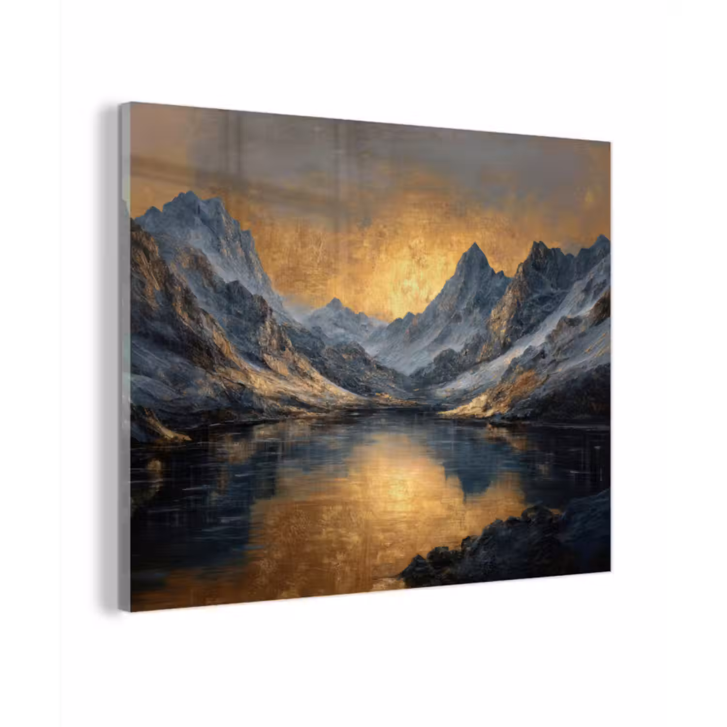 Glas schilderij - Berglandschap met Gouden Zonsondergang