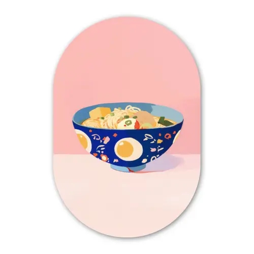 Noodles - Kom - Blauw - Illustratie Wandcirkel Ovaal Forex klein -3d