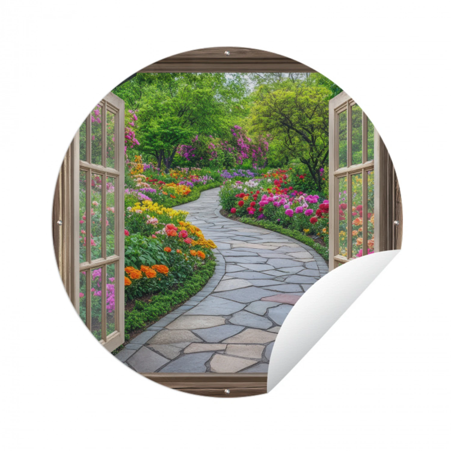 Doorkijk - Bloemen - Tuinpad - Natuur - Raam Wandcirkel tuinposter met ringen klein -3d