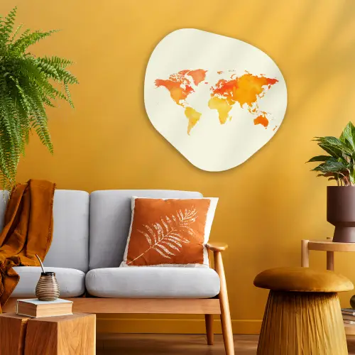 Wereldkaart - Oranje - Kleurrijk Wandcirkel Organisch Plexiglas middel -sfeer4