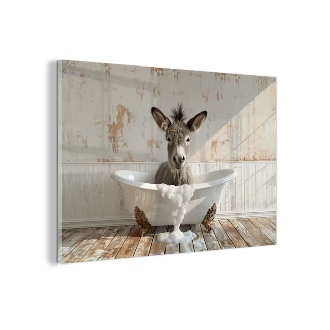 Glas schilderij - Ezel - Dieren - Badkuip - Schuim