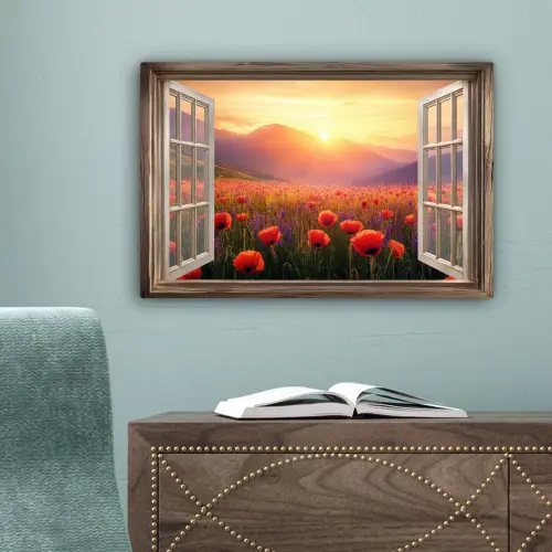 Doorkijk - Klaprozen - Bloemen - Rood - Open raam canvas 2cm klein -sfeer4