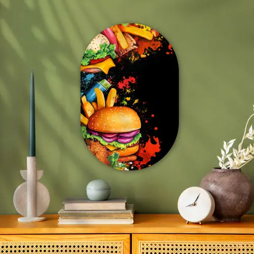 Fastfood - Graffiti - Hamburger - Eten - Modern Wandcirkel Ovaal Forex klein -sfeer2