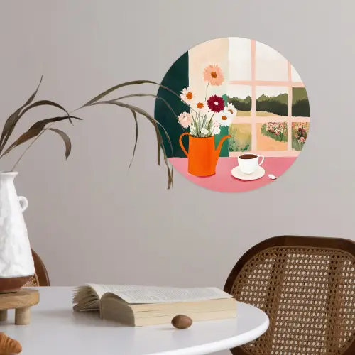 Bloemen - Koffie - Raam Wandcirkel behangsticker klein -sfeer3
