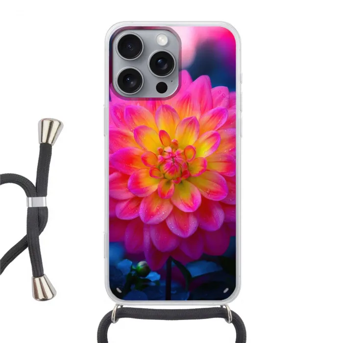 Roze - Dahlia - Kleurrijk Hoesje iPhone 16 Pro Max met koord klein -3d