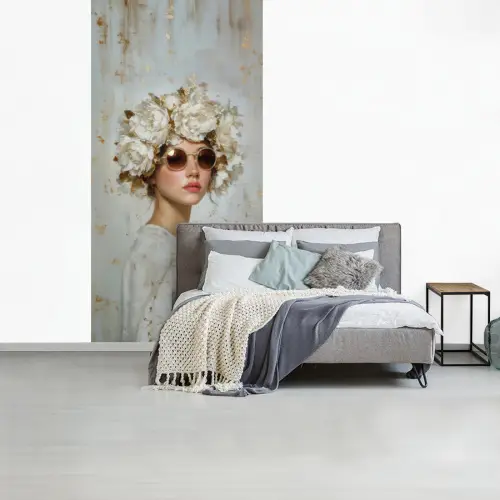 Schilderij - Vrouw - Zonnebril - Bloemenkrans fotobehang vinyl groot -slaapkamer
