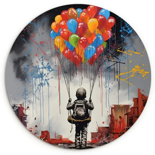 Jongen - Ballonnen - Gebouwen - Kunst Wandcirkel kunststof plaat 5mm dik klein -3d