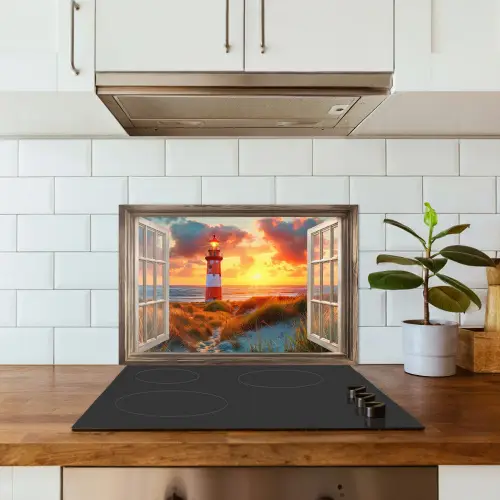Doorkijk - Raam - Vuurtoren - Zonsondergang - Strand keuken achterwand spatscherm klein -sfeer2