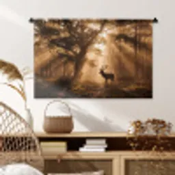 Hert - Bos - Mistig - Natuur - Goud Wandkleed katoen middel -sfeer5