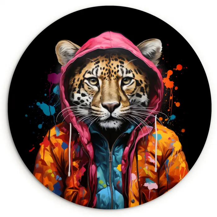 Graffiti - Luipaard - Zwart - Jas Wandcirkel kunststof plaat 5mm dik klein -3d