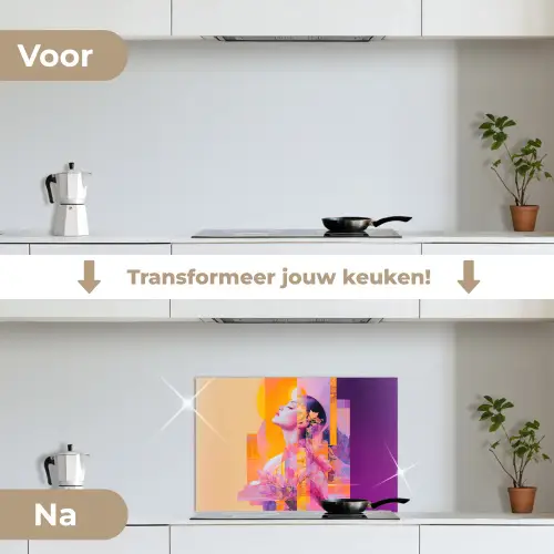 Abstract - Portret - Vrouw - Kleurrijk keuken achterwand spatscherm klein -voor_na_NL