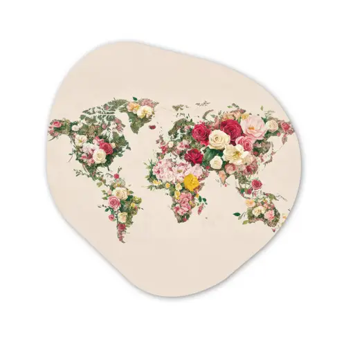 Wereldkaart - Bloemen - Roze Wandcirkel Organisch Plexiglas middel -3d