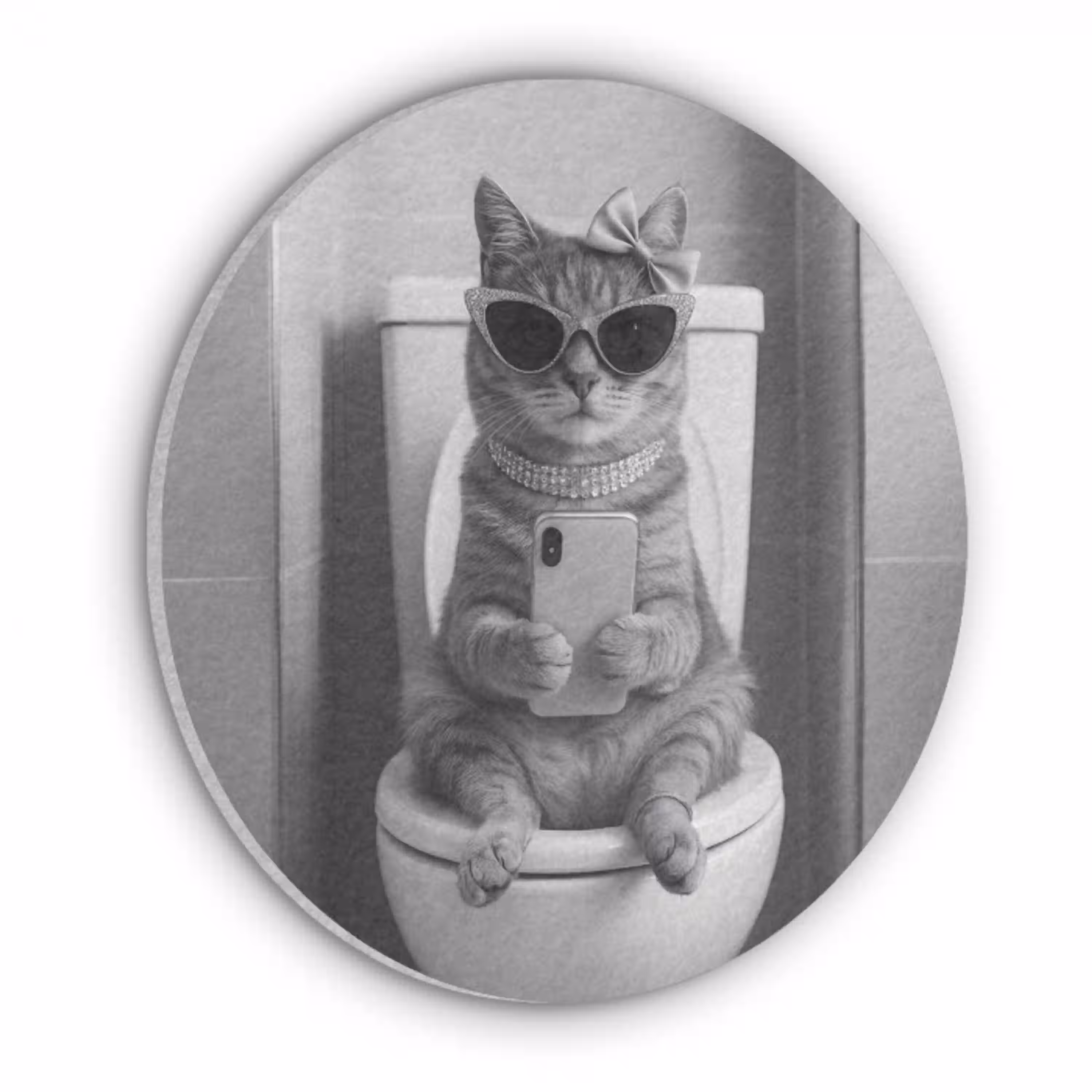 Kat - Telefoon - Toilet - Zwart - Wit Akoestische PET Vilt - Rond klein -3d