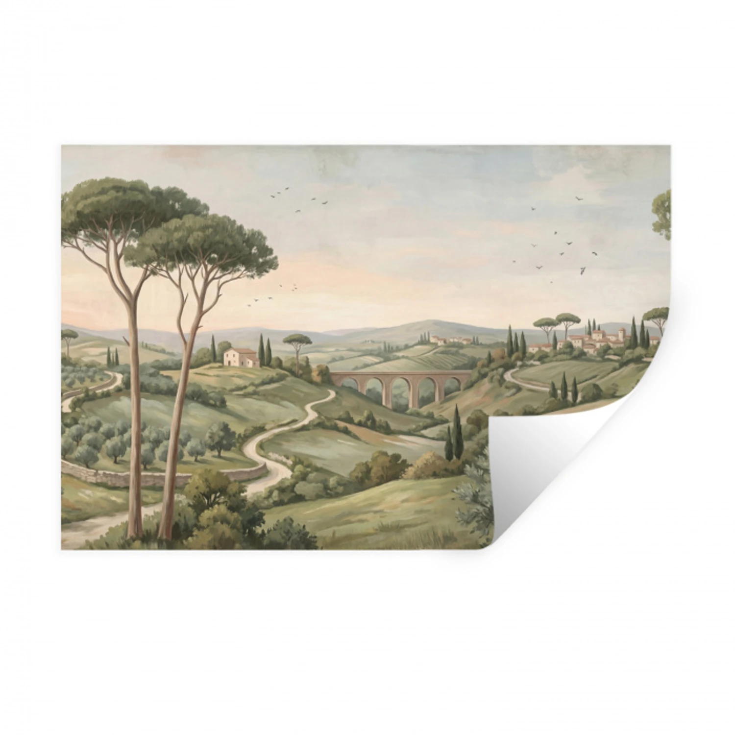 Landschap - Heuvels - Zandpad - Groen Muursticker klein -3d