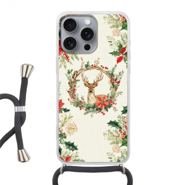 Kerstkrans - Hert - Hulst - Rood Hoesje iPhone 16 Pro Max met koord klein -3d