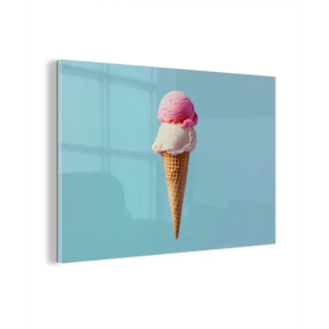 Glas schilderij - Bolletjes - Schepijs - Hoorntje - Blauw