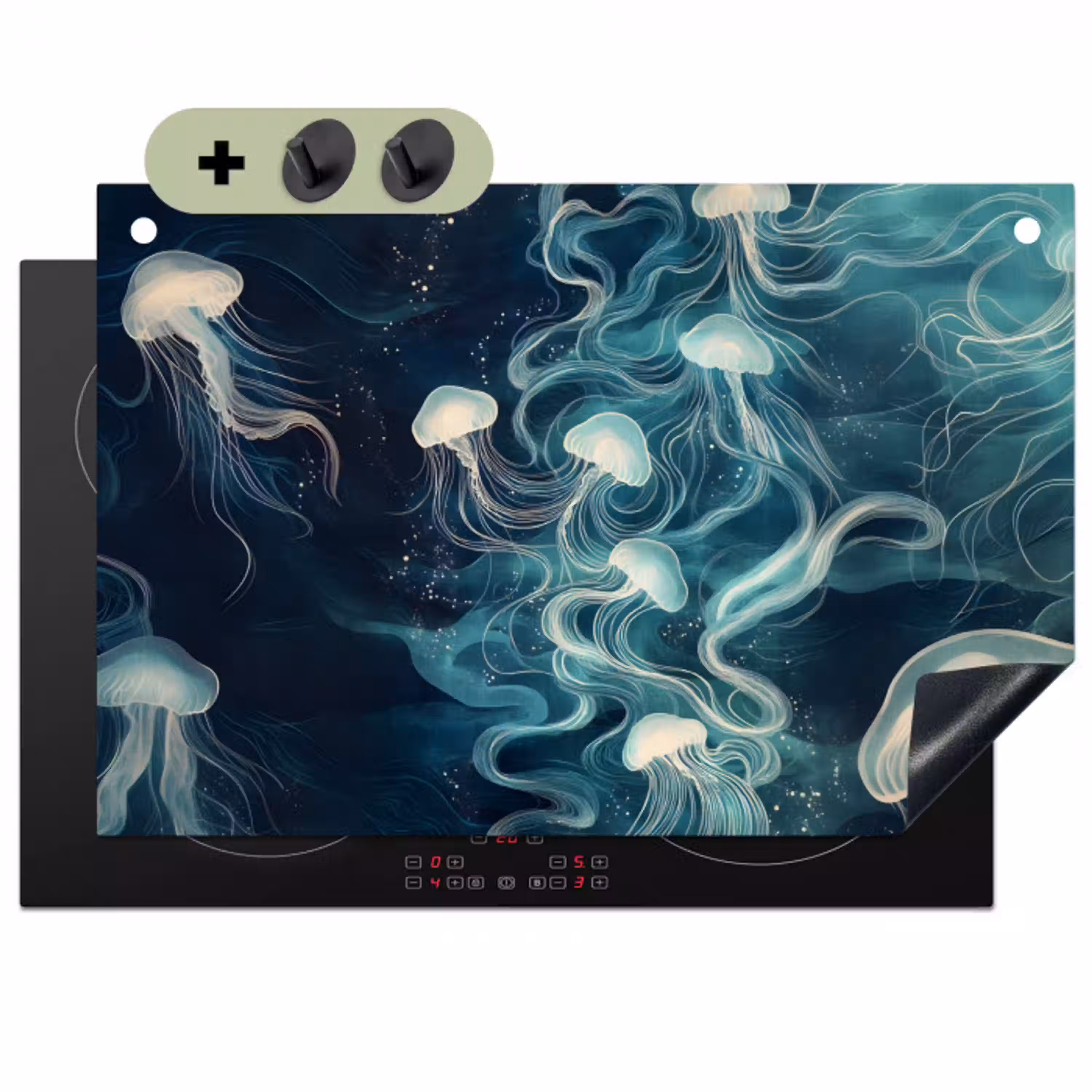 Kwallen - Zee - Wit - Golven Inductie beschemer met haakjes klein -3d