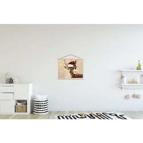 Kerst - Hert - Gewei - Rood textielposter latten blank klein -kinderkamer