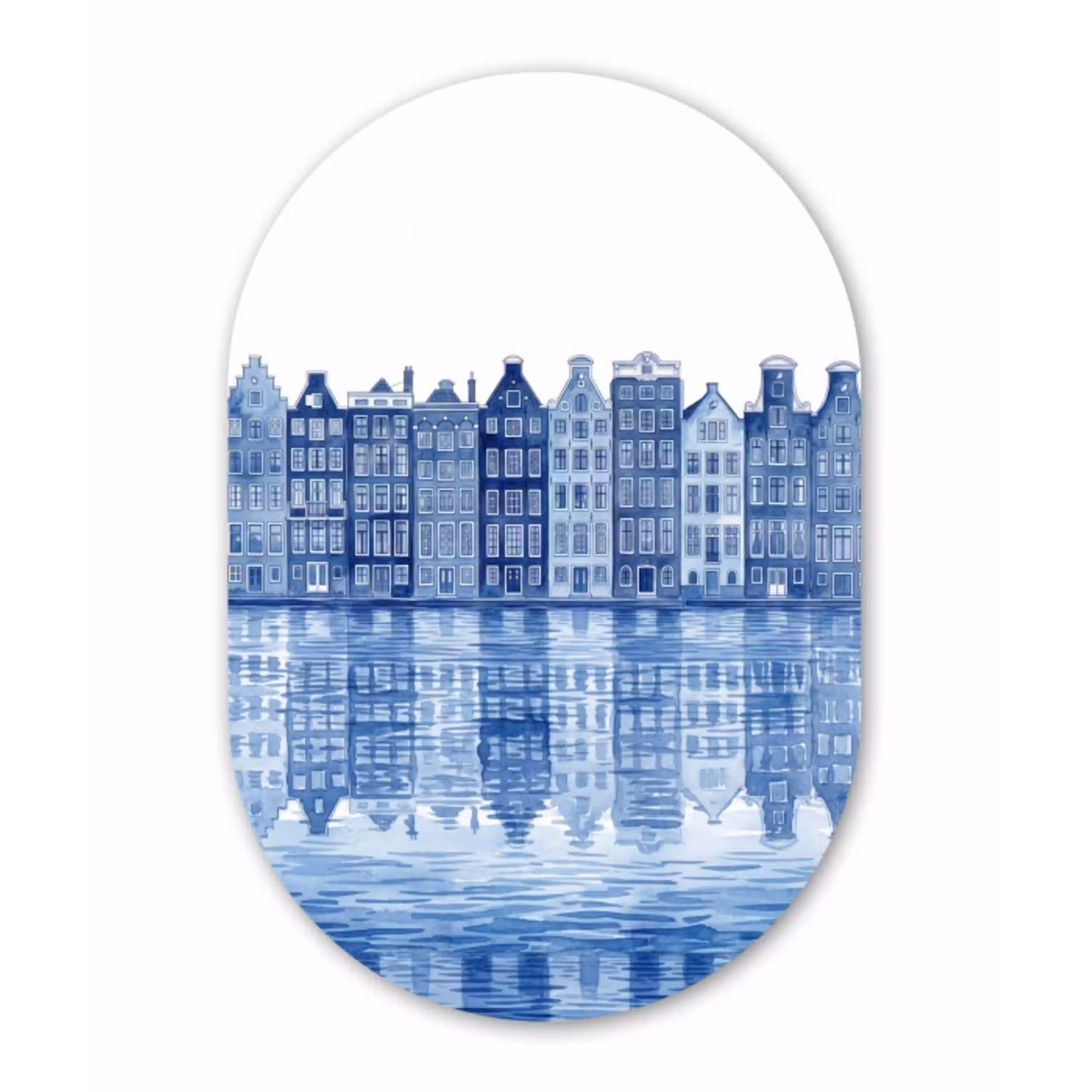 Aquarel - Grachtenpanden - Delfts - Blauw Wandcirkel Ovaal Aluminium middel -3d