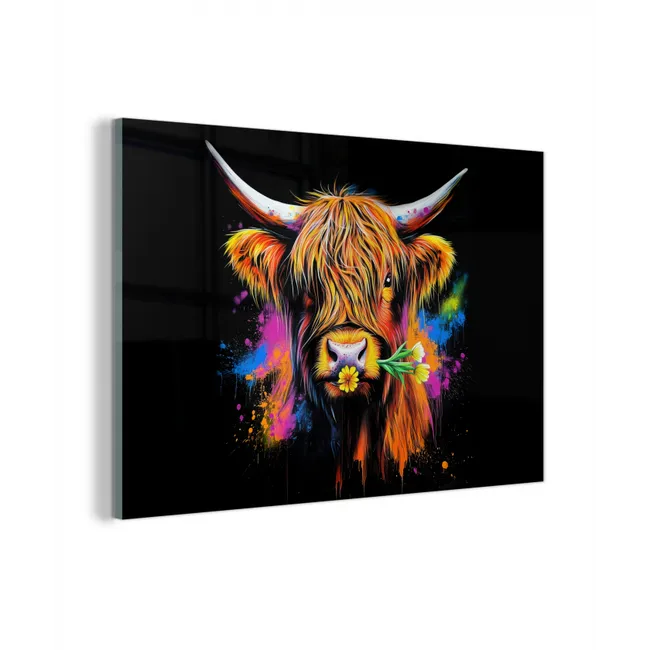 Glas schilderij - Schotse Hooglander - Graffiti - Kleurrijk - Bloem - Dieren