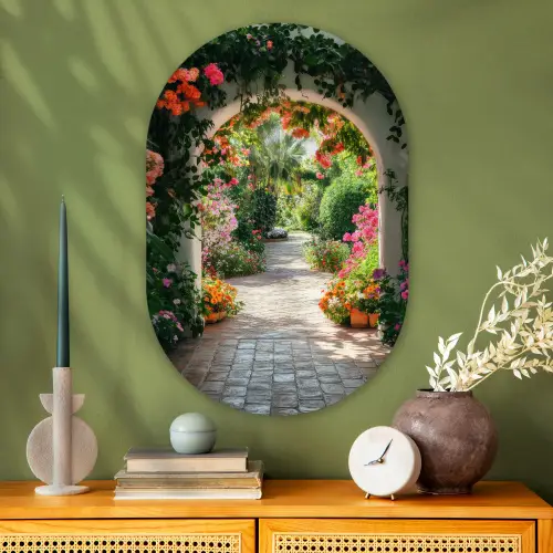 Doorkijk - Bloemen - Natuur - Bloementuin Wandcirkel Ovaal Glas middel -sfeer2