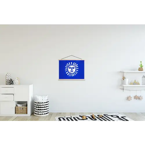 Zon - Gezicht - Penseelstructuur - Blauw textielposter latten blank klein -kinderkamer