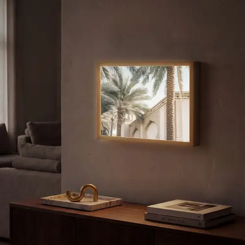 Gebouw - Palmbomen - Beige - Zon Light Box met batterij (Wandlamp) middel -sfeer1