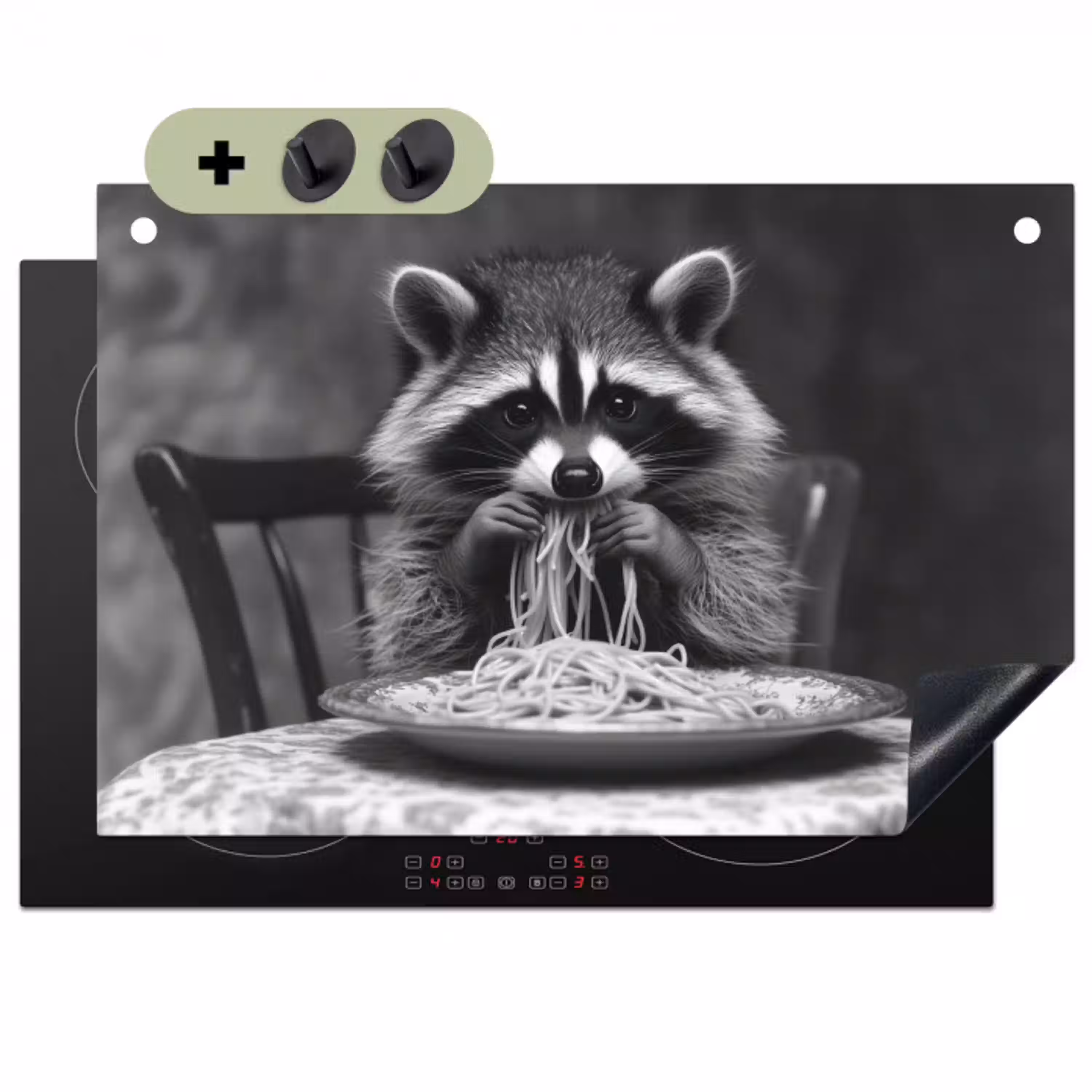 Wasbeer - Cute - Pasta - Tafelkleed - Zwart - Wit Inductie beschemer met haakjes klein -3d