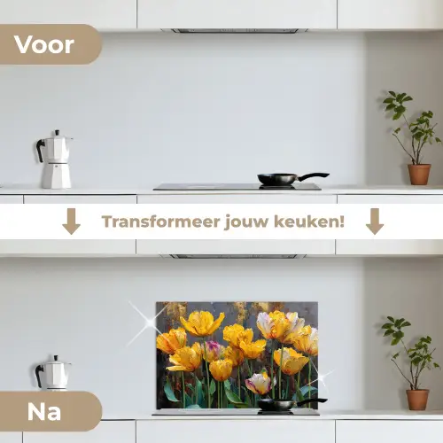 Tulpen - Geel - Penseelstreken - Abstract keuken achterwand spatscherm klein -voor_na_NL
