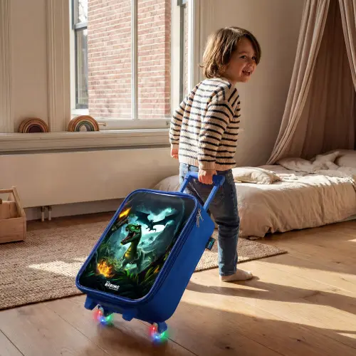 Dinosaurus en draak in vurige junglevallei Kinderkoffer - Blauw klein -sfeer1