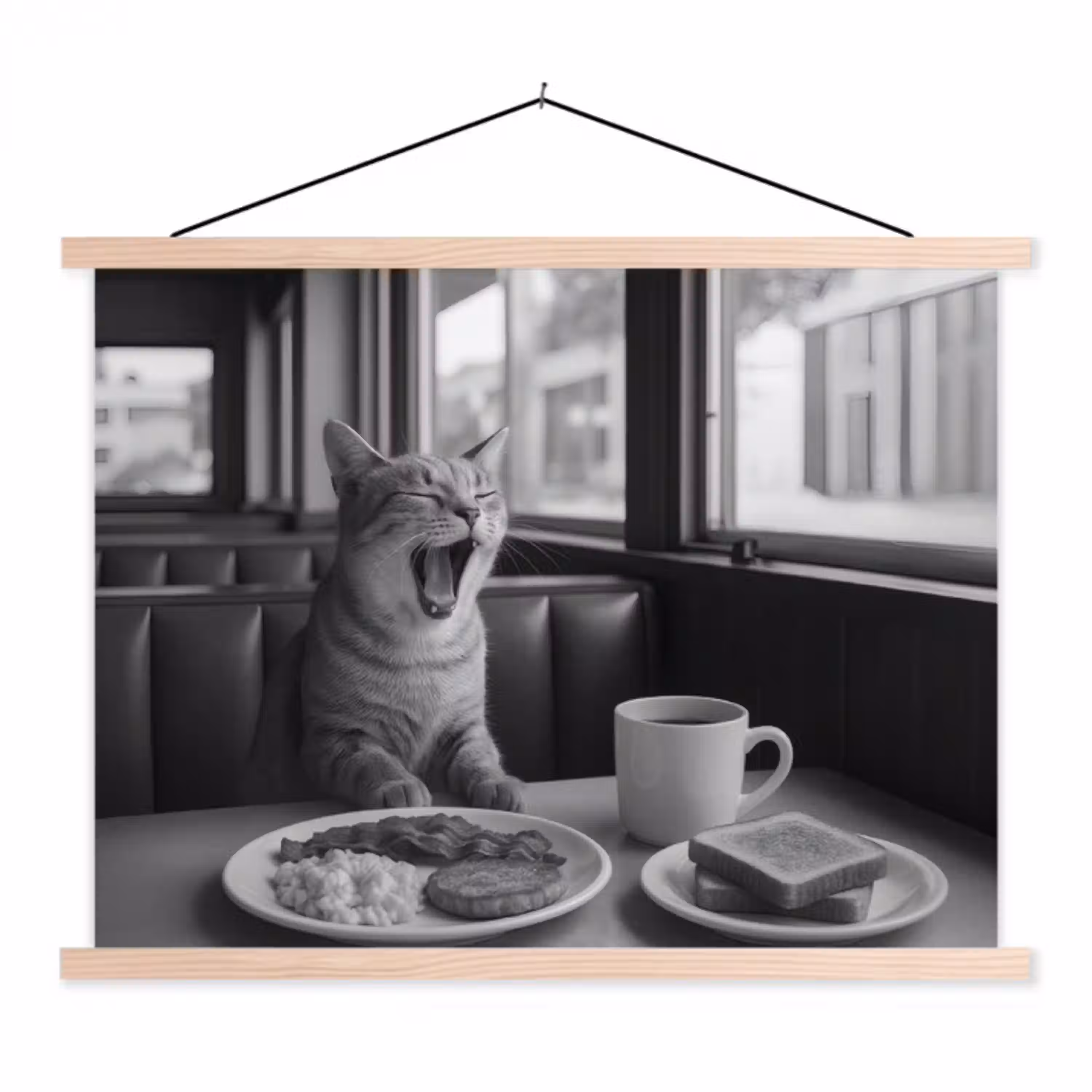 Kat - Koffie - Brood - Zwart textielposter latten blank klein -3d