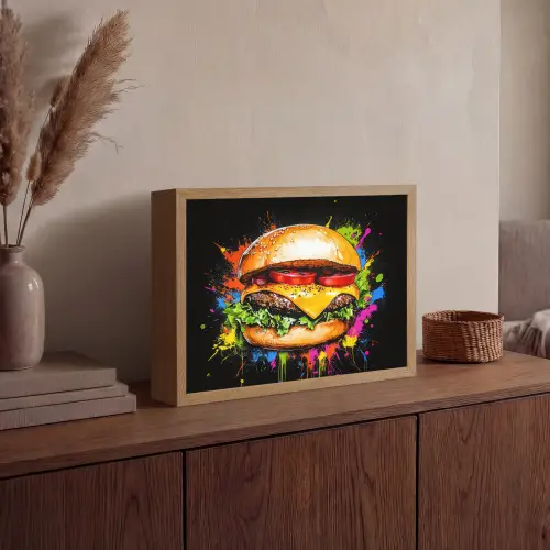 Hamburger - Graffiti - Verf - Kleurrijk - Eten - Abstract Light Box met batterij (Wandlamp) middel -sfeer2