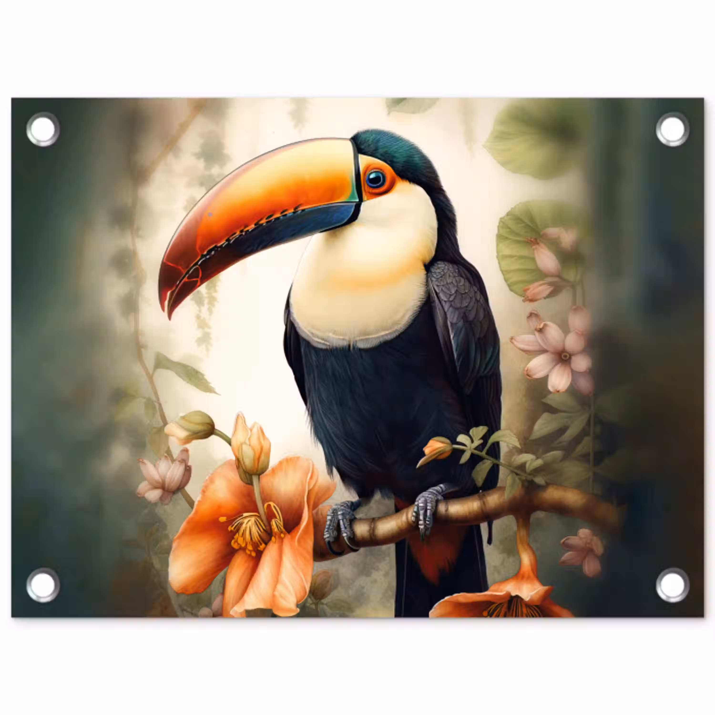 Toekan - Vogel - Bloemen - Planten tuinposter los doek klein -3d