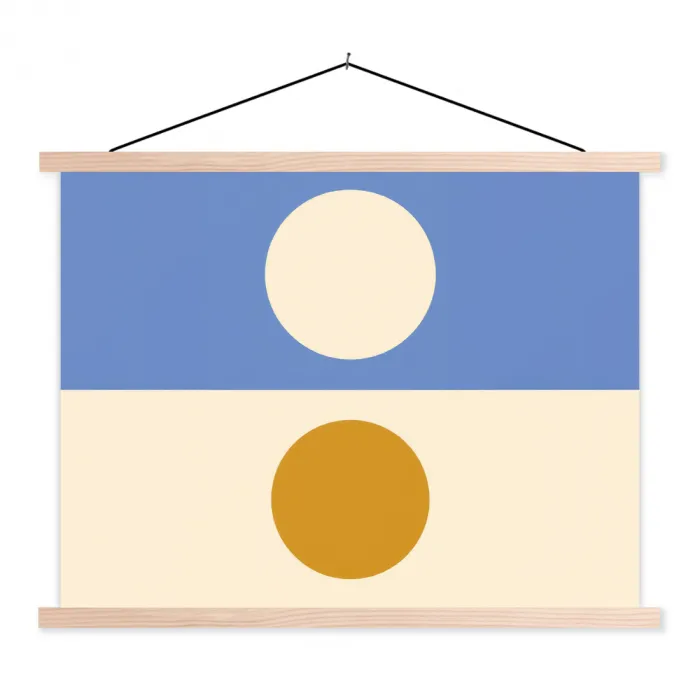 Cirkels - Symmetrisch - Wit - Blauw- Geel textielposter latten blank klein -3d