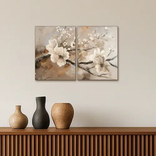 Bloesem - Beige - Abstract - Bloemen Canvas - Meerluiken 2 luik klein -sfeer3