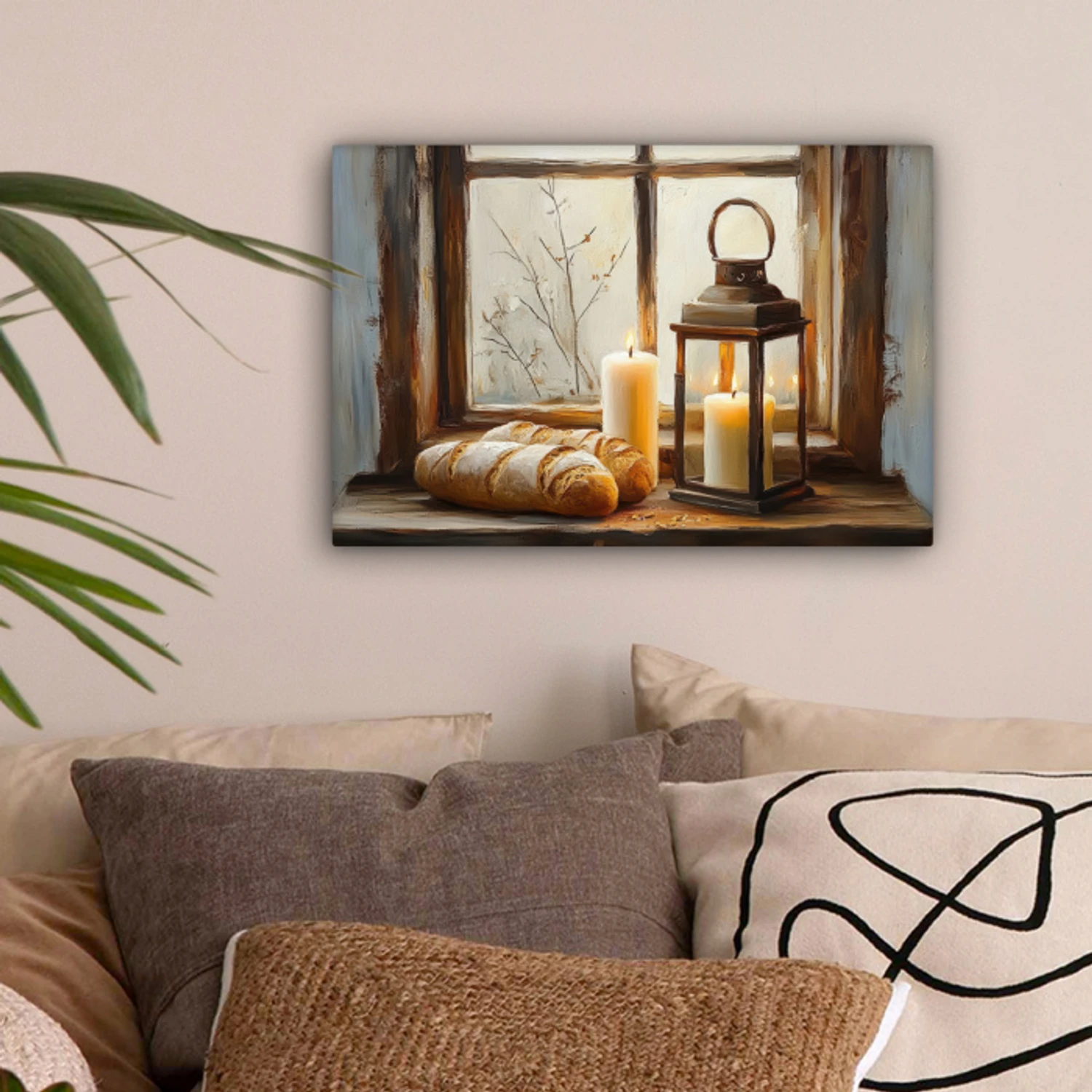 Stilleven - Rustiek - Kaarsen - Broden - Raam canvas 2cm klein -sfeer1